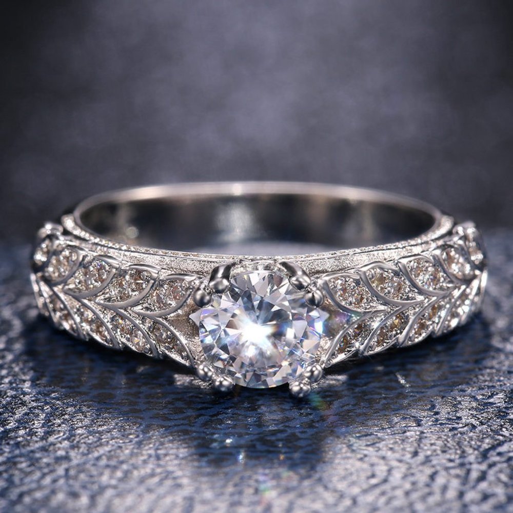 925 Silver Crystal Zircon Stone Unique Leaf Design Ring for Women, VIP…